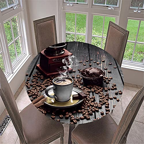 FANSU 3D Runde Tischdecke Abwaschbar, Kaffee Motiv Wasserdicht Elastische Lotuseffekt Tischdecken Fleckschutz Abwischbar Tischtuch für Küchentisch Garten (Kaffeebohnen,Durchmesser 90cm) von FANSU