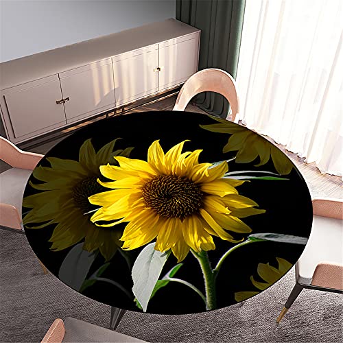 FANSU 3D Runde Tischdecke Abwaschbar Lotuseffekt, Sonnenblumen Motiv Wasserdicht Elastische Tischdecken Fleckschutz Abwischbar Tischtuch für Outdoor Garten (Schwarze Kunst,Durchmesser 110cm) von FANSU