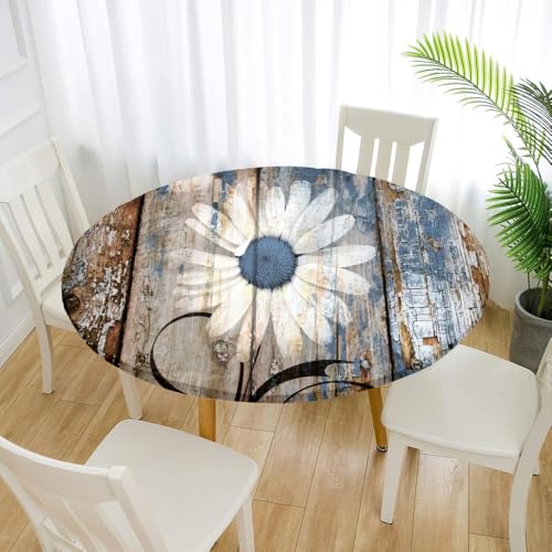FANSU 3D Tischdecke Rund Garten Abwaschbar für Outdoor Gartentischdecke Blumendrucke Rund Elastisch Schmutzabweisend für Garten Küche, Esstisch, Parteien (Holzbrett,90cm) von FANSU