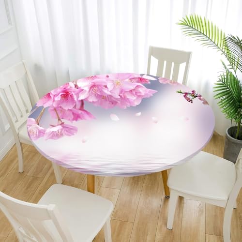 FANSU 3D Tischdecke Rund Garten Abwaschbar für Outdoor Gartentischdecke Blumendrucke Rund Elastisch Schmutzabweisend für Garten Küche, Esstisch, Parteien (Kirschblüten,90cm) von FANSU