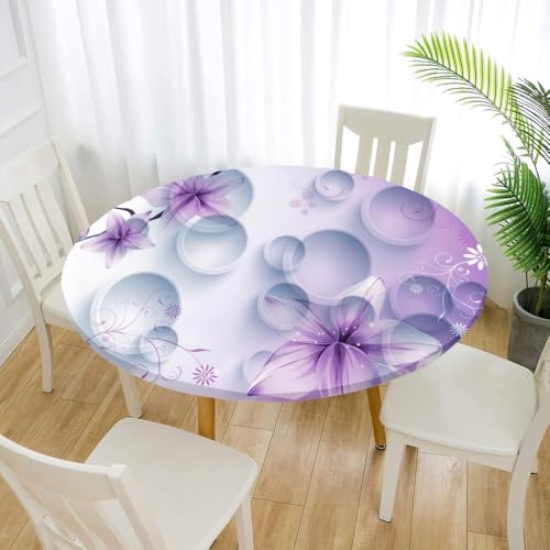 FANSU 3D Tischdecke Rund Garten Abwaschbar für Outdoor Gartentischdecke Blumendrucke Rund Elastisch Schmutzabweisend für Garten Küche, Esstisch, Parteien (Lila Blumen,200cm) von FANSU