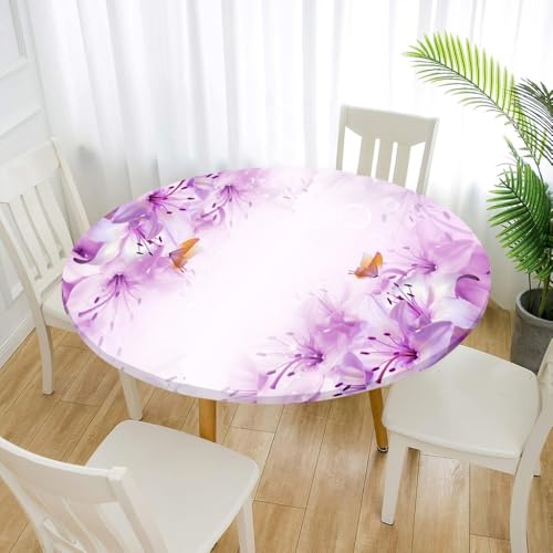 FANSU 3D Tischdecke Rund Garten Abwaschbar für Outdoor Gartentischdecke Blumendrucke Rund Elastisch Schmutzabweisend für Garten Küche, Esstisch, Parteien (Lila Lilien,170cm) von FANSU