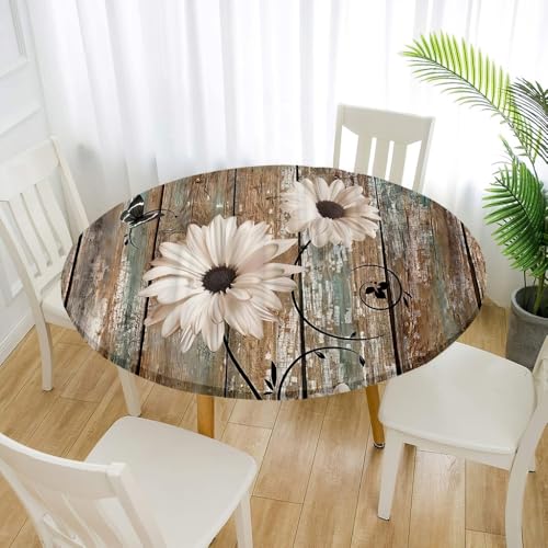 FANSU 3D Tischdecke Rund Garten Abwaschbar für Outdoor Gartentischdecke Blumendrucke Rund Elastisch Schmutzabweisend für Garten Küche, Esstisch, Parteien (Weiße Sonnenblumen,110cm) von FANSU