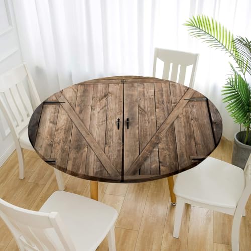 FANSU 3D Tischdecke Rund Garten Abwaschbar für Outdoor Gartentischdecke Rund Elastisch Schmutzabweisend für Garten Küche, Esstisch, Parteien (Braune Tür,100cm) von FANSU