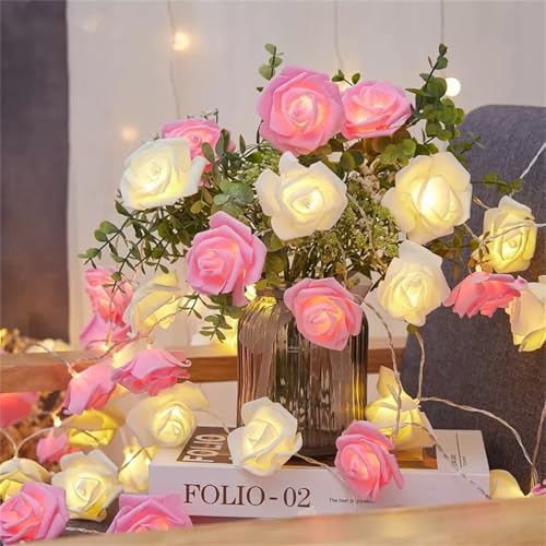 FANSU Bunte Rosen LED Solarlampen für Außen, 8 Modi Solar Lichterkette Aussen, Lichterkette Außen, Solarlampen Garten für Hochzeit,Party,Schlafzimmer,Garten Balkon Deko (Rosa Weiß,7m/50 LED) von FANSU