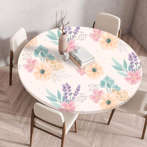 FANSU Elastisch Rund Gartentischdecke, Fleckschutz Tischdecke Outdoor Runde Tischtuch Abwischbare Dauerhaft Kratzfest Tischdecken für Küche Garten Restaurant (Beige Blumen,Durchmesser 90cm) von FANSU