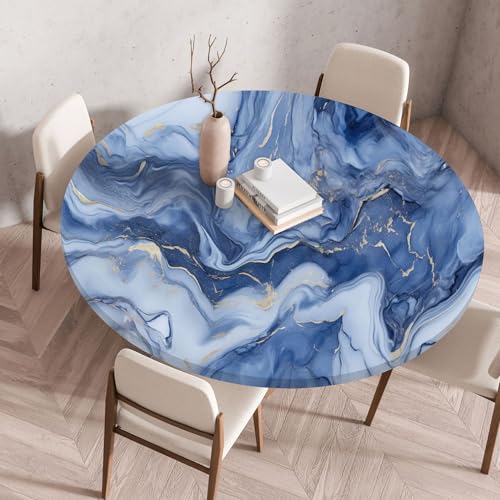 FANSU Elastisch Rund Gartentischdecke, Fleckschutz Tischdecke Outdoor Runde Tischtuch Abwischbare Dauerhaft Kratzfest Tischdecken für Küche Garten Restaurant (Blaue Murmel 9,Durchmesser 120 cm) von FANSU