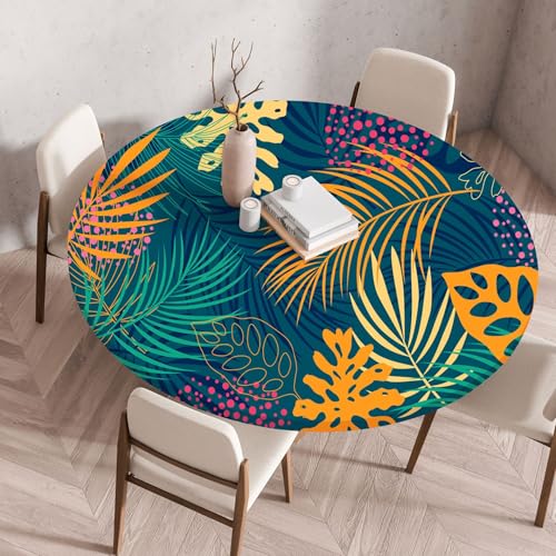 FANSU Elastisch Rund Gartentischdecke, Fleckschutz Tischdecke Outdoor Runde Tischtuch Abwischbare Dauerhaft Kratzfest Tischdecken für Küche Garten Restaurant (Bunte Blätter,Durchmesser 60 cm) von FANSU