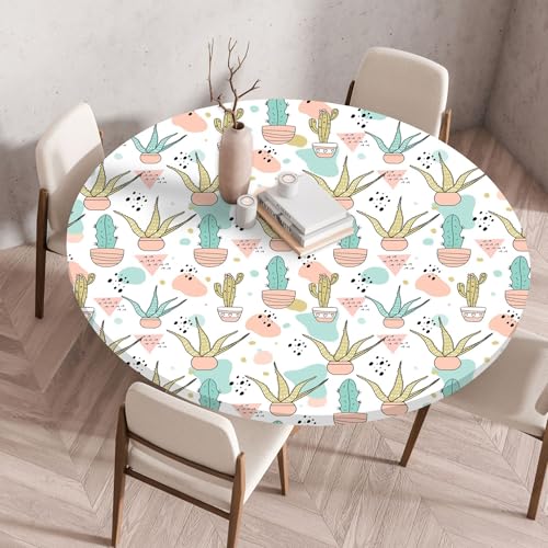 FANSU Elastisch Rund Gartentischdecke, Fleckschutz Tischdecke Outdoor Runde Tischtuch Abwischbare Dauerhaft Kratzfest Tischdecken für Küche Garten Restaurant (Dreieckiger Kaktus,Durchmesser 130cm) von FANSU