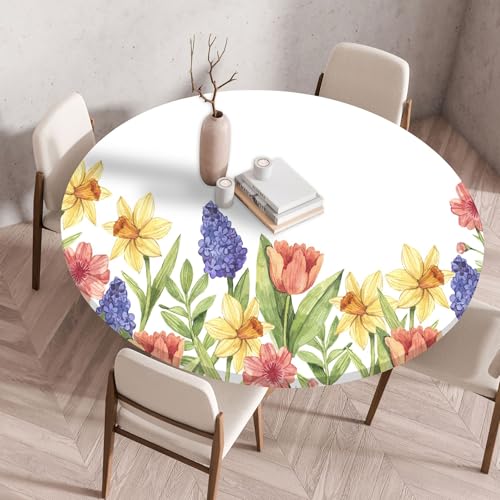 FANSU Elastisch Rund Gartentischdecke, Fleckschutz Tischdecke Outdoor Runde Tischtuch Abwischbare Dauerhaft Kratzfest Tischdecken für Küche Garten Restaurant (Dschungelblumen,Durchmesser 60cm) von FANSU