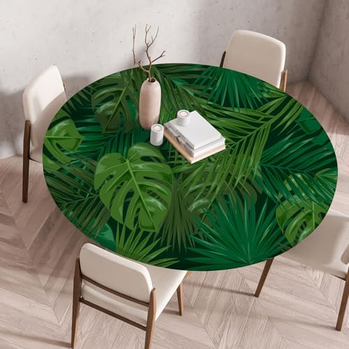 FANSU Elastisch Rund Gartentischdecke, Fleckschutz Tischdecke Outdoor Runde Tischtuch Abwischbare Dauerhaft Kratzfest Tischdecken für Küche Garten Restaurant (Dunkelgrün,Durchmesser 100 cm) von FANSU