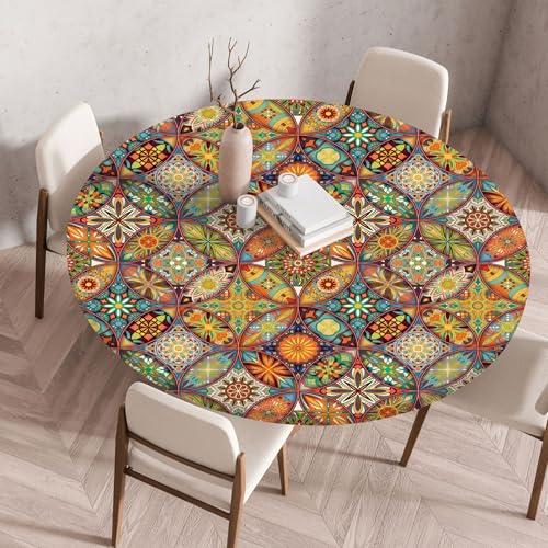 FANSU Elastisch Rund Gartentischdecke, Fleckschutz Tischdecke Outdoor Runde Tischtuch Abwischbare Dauerhaft Kratzfest Tischdecken für Küche Garten Restaurant (Exotische Blumen1,Durchmesser 80 cm) von FANSU