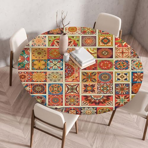FANSU Elastisch Rund Gartentischdecke, Fleckschutz Tischdecke Outdoor Runde Tischtuch Abwischbare Dauerhaft Kratzfest Tischdecken für Küche Garten Restaurant (Exotische Blumen10,Durchmesser 60 cm) von FANSU