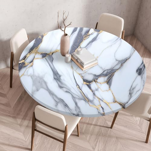 FANSU Elastisch Rund Gartentischdecke, Fleckschutz Tischdecke Outdoor Runde Tischtuch Abwischbare Dauerhaft Kratzfest Tischdecken für Küche Garten Restaurant (Gray-White,Durchmesser 60 cm) von FANSU