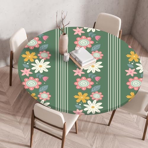FANSU Elastisch Rund Gartentischdecke, Fleckschutz Tischdecke Outdoor Runde Tischtuch Abwischbare Dauerhaft Kratzfest Tischdecken für Küche Garten Restaurant (Grüne Blumen,Durchmesser 70 cm) von FANSU