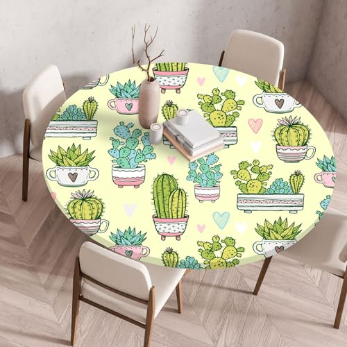 FANSU Elastisch Rund Gartentischdecke, Fleckschutz Tischdecke Outdoor Runde Tischtuch Abwischbare Dauerhaft Kratzfest Tischdecken für Küche Garten Restaurant (Grüner Kaktus,Durchmesser 130cm) von FANSU