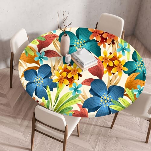 FANSU Elastisch Rund Gartentischdecke, Fleckschutz Tischdecke Outdoor Runde Tischtuch Abwischbare Dauerhaft Kratzfest Tischdecken für Küche Garten Restaurant (Herbstdschungel,Durchmesser 130cm) von FANSU