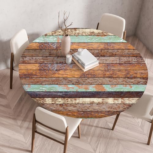 FANSU Elastisch Rund Gartentischdecke, Fleckschutz Tischdecke Outdoor Runde Tischtuch Abwischbare Dauerhaft Kratzfest Tischdecken für Küche Garten Restaurant (Holzbretter 1,Durchmesser 100 cm) von FANSU