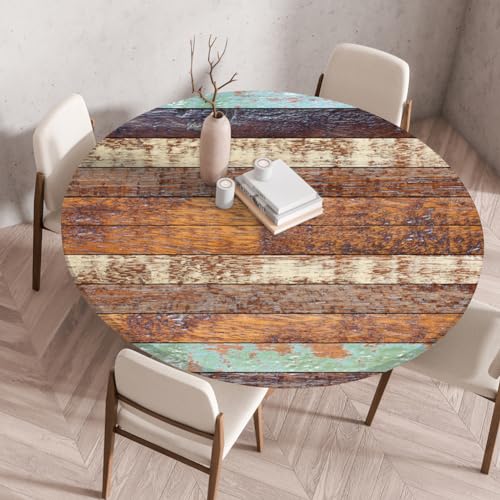 FANSU Elastisch Rund Gartentischdecke, Fleckschutz Tischdecke Outdoor Runde Tischtuch Abwischbare Dauerhaft Kratzfest Tischdecken für Küche Garten Restaurant (Holzbretter 9,Durchmesser 140 cm) von FANSU