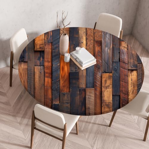 FANSU Elastisch Rund Gartentischdecke, Fleckschutz Tischdecke Outdoor Runde Tischtuch Abwischbare Dauerhaft Kratzfest Tischdecken für Küche Garten Restaurant (Holzwand 3,Durchmesser 160 cm) von FANSU