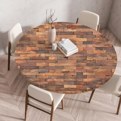 FANSU Elastisch Rund Gartentischdecke, Fleckschutz Tischdecke Outdoor Runde Tischtuch Abwischbare Dauerhaft Kratzfest Tischdecken für Küche Garten Restaurant (Holzwand 5,Durchmesser 90 cm) von FANSU
