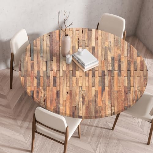 FANSU Elastisch Rund Gartentischdecke, Fleckschutz Tischdecke Outdoor Runde Tischtuch Abwischbare Dauerhaft Kratzfest Tischdecken für Küche Garten Restaurant (Holzwand 6,Durchmesser 120 cm) von FANSU