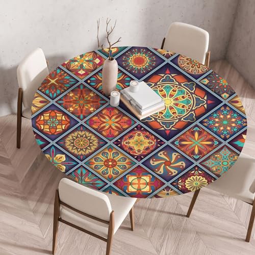FANSU Elastisch Rund Gartentischdecke, Fleckschutz Tischdecke Outdoor Runde Tischtuch Abwischbare Dauerhaft Kratzfest Tischdecken für Küche Garten Restaurant (Karo Boho 10,Durchmesser 150 cm) von FANSU