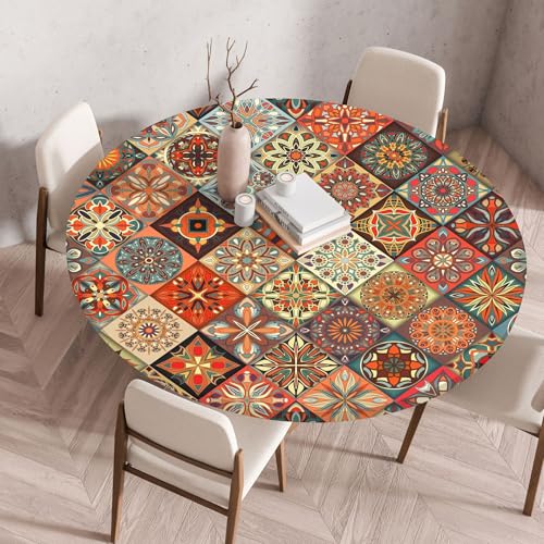 FANSU Elastisch Rund Gartentischdecke, Fleckschutz Tischdecke Outdoor Runde Tischtuch Abwischbare Dauerhaft Kratzfest Tischdecken für Küche Garten Restaurant (Karo Boho 7,Durchmesser 150 cm) von FANSU