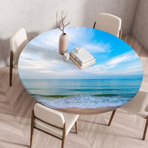FANSU Elastisch Rund Gartentischdecke, Fleckschutz Tischdecke Outdoor Runde Tischtuch Abwischbare Dauerhaft Kratzfest Tischdecken für Küche Garten Restaurant (Meeresstrand 4,Durchmesser 60 cm) von FANSU