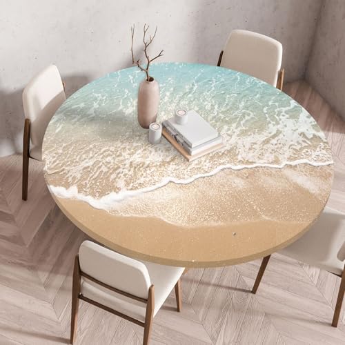 FANSU Elastisch Rund Gartentischdecke, Fleckschutz Tischdecke Outdoor Runde Tischtuch Abwischbare Dauerhaft Kratzfest Tischdecken für Küche Garten Restaurant (Meeresstrand 5,Durchmesser 120 cm) von FANSU