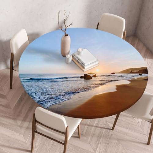 FANSU Elastisch Rund Gartentischdecke, Fleckschutz Tischdecke Outdoor Runde Tischtuch Abwischbare Dauerhaft Kratzfest Tischdecken für Küche Garten Restaurant (Meeresstrand 6,Durchmesser 160 cm) von FANSU