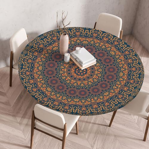 FANSU Elastisch Rund Gartentischdecke, Fleckschutz Tischdecke Outdoor Runde Tischtuch Abwischbare Dauerhaft Kratzfest Tischdecken für Küche Garten Restaurant (Oranges Muster,Durchmesser 60 cm) von FANSU