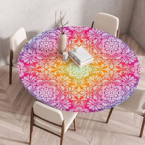 FANSU Elastisch Rund Gartentischdecke, Fleckschutz Tischdecke Outdoor Runde Tischtuch Abwischbare Dauerhaft Kratzfest Tischdecken für Küche Garten Restaurant (Rot-lila,Durchmesser 130 cm) von FANSU