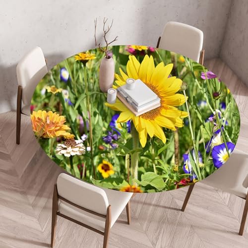 FANSU Elastisch Rund Gartentischdecke, Fleckschutz Tischdecke Outdoor Runde Tischtuch Abwischbare Dauerhaft Kratzfest Tischdecken für Küche Garten Restaurant (Sonnenblume 1,Durchmesser 140 cm) von FANSU