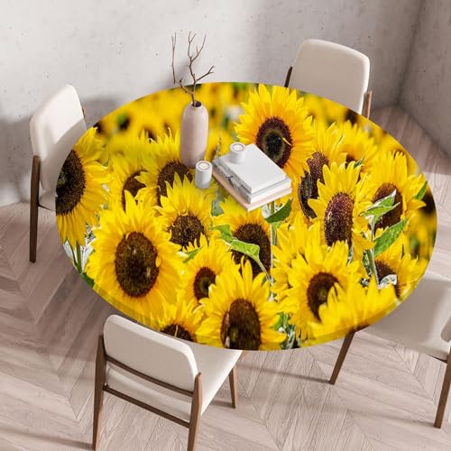 FANSU Elastisch Rund Gartentischdecke, Fleckschutz Tischdecke Outdoor Runde Tischtuch Abwischbare Dauerhaft Kratzfest Tischdecken für Küche Garten Restaurant (Sonnenblume 3,Durchmesser 110 cm) von FANSU