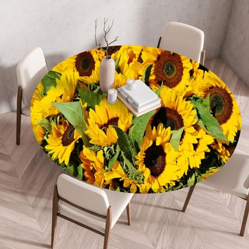 FANSU Elastisch Rund Gartentischdecke, Fleckschutz Tischdecke Outdoor Runde Tischtuch Abwischbare Dauerhaft Kratzfest Tischdecken für Küche Garten Restaurant (Sonnenblume 4,Durchmesser 130 cm) von FANSU