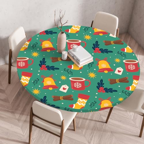 FANSU Elastisch Rund Gartentischdecke, Fleckschutz Tischdecke Outdoor Runde Tischtuch Abwischbare Dauerhaft Kratzfest Tischdecken für Küche Garten Restaurant (Weihnachten 6,Durchmesser 130 cm) von FANSU