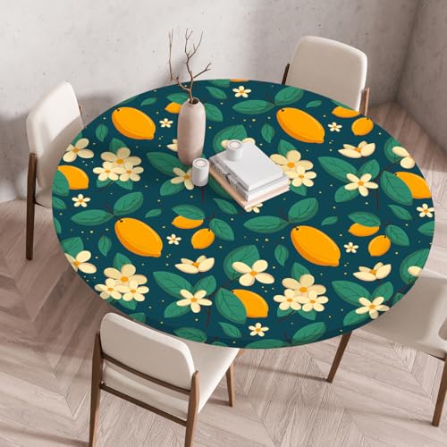 FANSU Elastisch Rund Gartentischdecke, Fleckschutz Tischdecke Outdoor Runde Tischtuch Abwischbare Dauerhaft Kratzfest Tischdecken für Küche Garten Restaurant (Zitronen-Stil 10,Durchmesser 130 cm) von FANSU