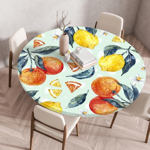 FANSU Elastisch Rund Gartentischdecke, Fleckschutz Tischdecke Outdoor Runde Tischtuch Abwischbare Dauerhaft Kratzfest Tischdecken für Küche Garten Restaurant (Zitronen-Stil 9,Durchmesser 140 cm) von FANSU