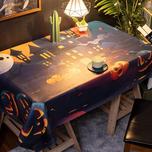 FANSU Halloween Tischdecke PVC Outdoor Wetterfest, Gartentischdecke Abwaschbar Wischbare Tischtuch, Wasserdicht Tischwäsche für Wohnzimmer Garten Balkon (Gruseliger Kürbis,135x210cm) von FANSU
