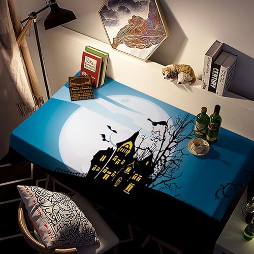 FANSU Halloween Tischdecke PVC Outdoor Wetterfest, Gartentischdecke Abwaschbar Wischbare Tischtuch, Wasserdicht Tischwäsche für Wohnzimmer Garten Balkon (Schwarzes Schloss,135x210cm) von FANSU
