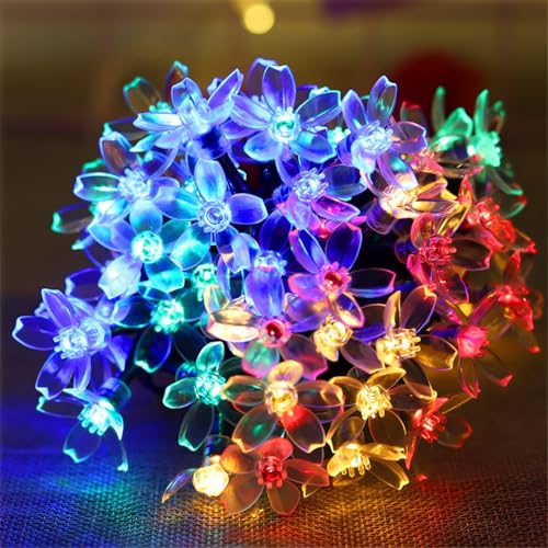 FANSU LED Solarlampen für Außen, Sakura-Stil 8 Modi Solar Lichterkette Aussen, Lichterkette Außen, Solarlampen Garten für Hochzeit, Party, Schlafzimmer, Garten Balkon Deko (Farbig,5M/20LED) von FANSU