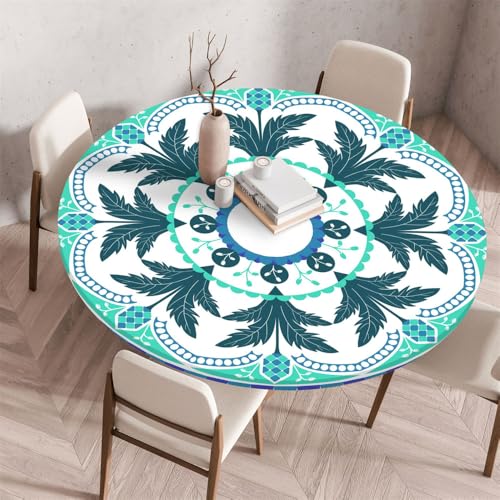 FANSU Mandala Tischdecke Rund Garten Abwaschbar,für Outdoor Gartentischdecke Rund Elastisch Schmutzabweisend für Garten Küche, Esstisch, Parteien (Cyan,100cm) von FANSU