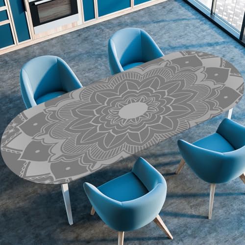FANSU Ovale Tischdecke Garten Mandala Abwaschbar mit Elastischem Rand,für Outdoor Gartentischdecke Elastisch für Küche, Esszimmer, Picknick, Party (Grau,132cmx229cm（52"x90"）) von FANSU