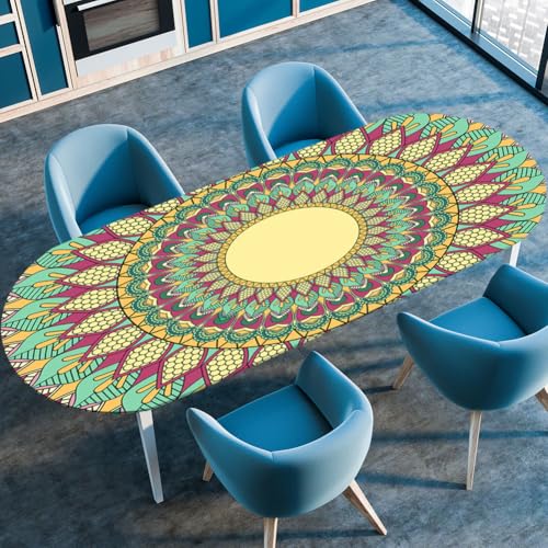 FANSU Ovale Tischdecke Garten Mandala Abwaschbar mit Elastischem Rand,für Outdoor Gartentischdecke Elastisch für Küche, Esszimmer, Picknick, Party (Grün,91cmx152cm（36"x60"）) von FANSU