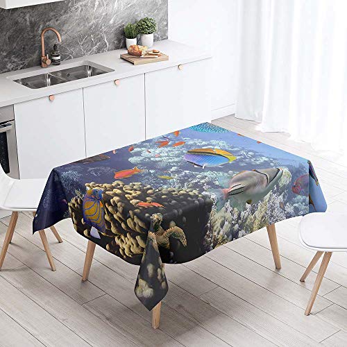 FANSU Rechteck Tischdecke Polyester Unterwasser tropischer Ozean Stil,Wasserdicht Tischwäsche Pflegeleicht Abwaschbar Tischtuch-Viele Größe Farbe Wählbar (140x180cm,Tiefblaue Koralle) von FANSU