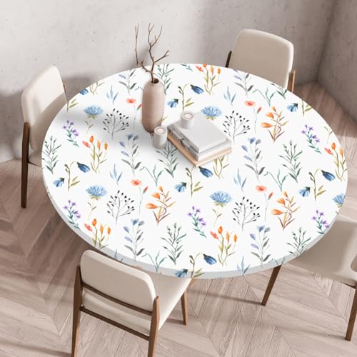 FANSU Round Table Protector Circle Tablecloth Elastic Edged Fitted Tablecloths Wipeable Stain Resistant Circular Table Cover for Dinning Room Kitchen Picnic (Gemalte Blumen 4,Durchmesser 90 cm) von FANSU