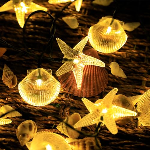 FANSU Solar Lichterkette Aussen, Seesterne Muscheln Lichterkette Außen Solar Wasserdicht,8 Modi Solarlichterkette Outdoor Wetterfest für Balkon Garten Pavillon Terrasse Vorzelt (Warmweiß,5m 20LED) von FANSU