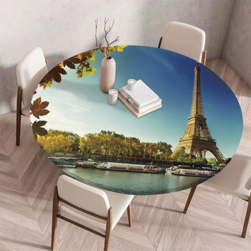 FANSU Tischdecke Outdoor Wetterfest Rund mit Gummizug, Rund Tischdecke 3D Muster Waschbar und Abwischbar für Esstisch, Couchtisch, Gartentisch Geeignet (Eiffelturm,80cm) von FANSU