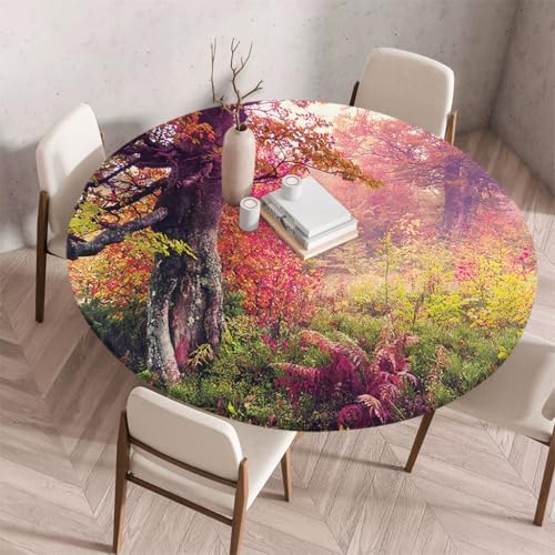 FANSU Tischdecke Outdoor Wetterfest Rund mit Gummizug, Rund Tischdecke 3D Muster Waschbar und Abwischbar für Esstisch, Couchtisch, Gartentisch Geeignet (Heiße Bäume,130cm) von FANSU